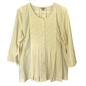 J.Jill Cotton Pintuck Blouse Womens L Buttercream Yellow Button Front 3/4 Sleeve